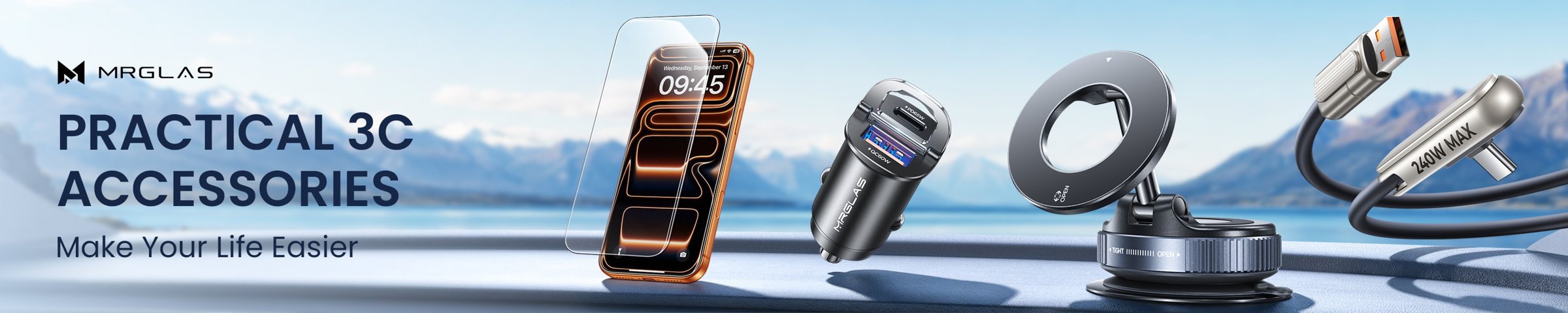 MRGLAS practical 3C accessories — screen protector, car charger, magnetic mount and 240W cable. Make your life easier.